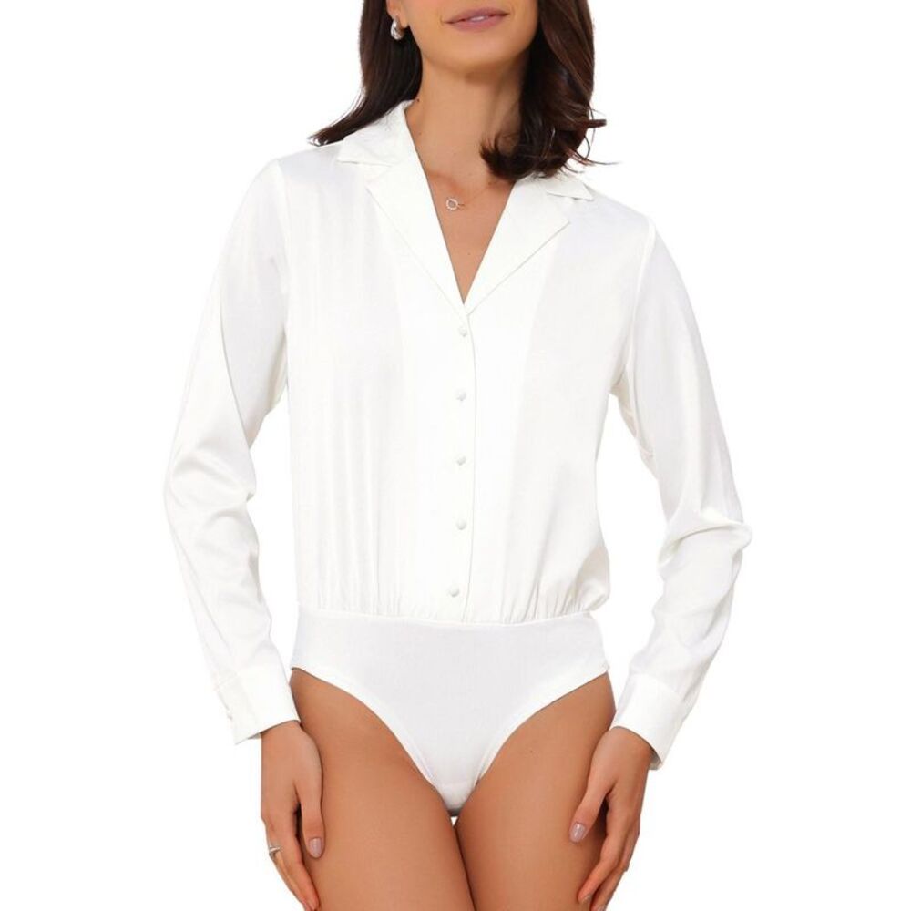 Women's Button-Up Satin Shirt Bodysuit Notched Lapel Work Leotard - White M